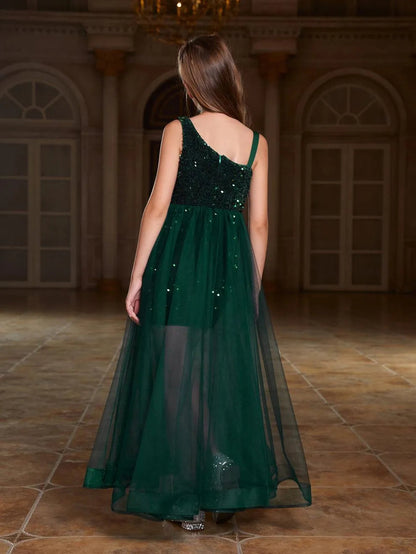 Additional product view of Mesh Overlay Asymmetrical Neckline Sequin A-Line Sleeveless Tween Girls' Party Dress