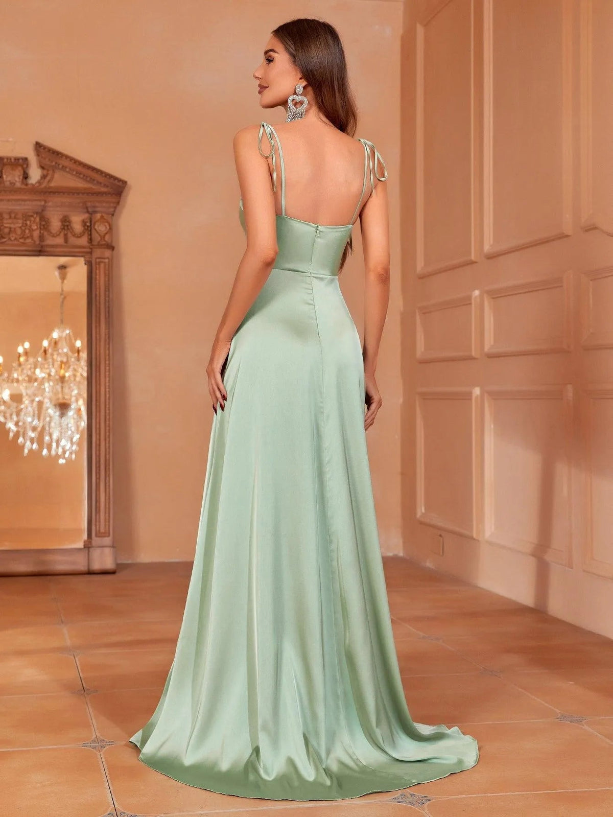 Elegant Tie Shoulder Satin Bridesmaid Dress – view 8