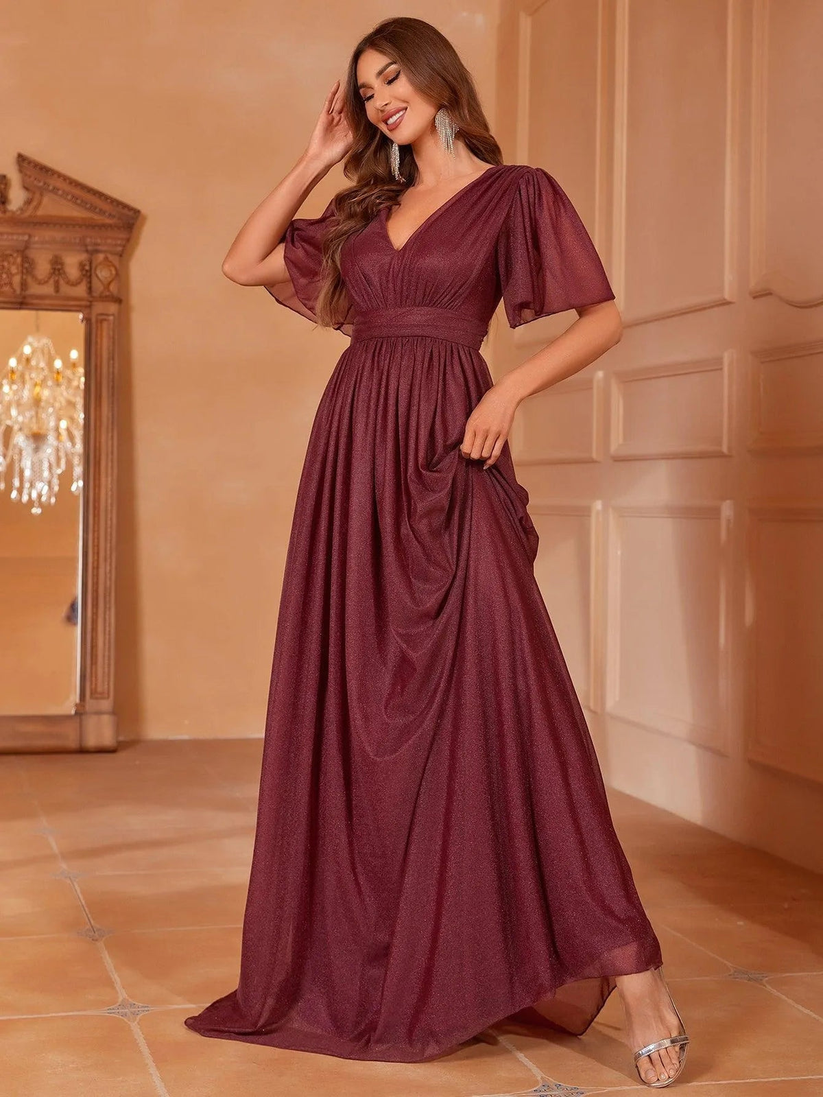 V-Neck Short Sleeve Maxi A-Line Dress — authorized product image 1