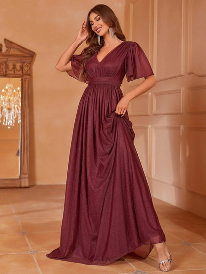 V-Neck Short Sleeve Maxi A-Line Dress — authorized product image 1