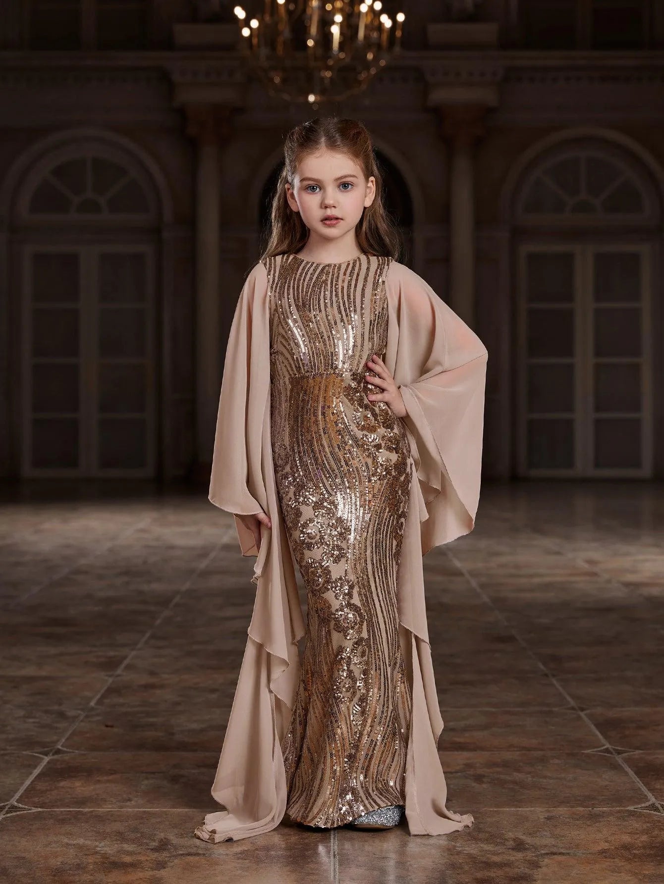 Tween Girls' Round Neck Sequin Long-Sleeve Mermaid Formal Gown — authorized product image 1