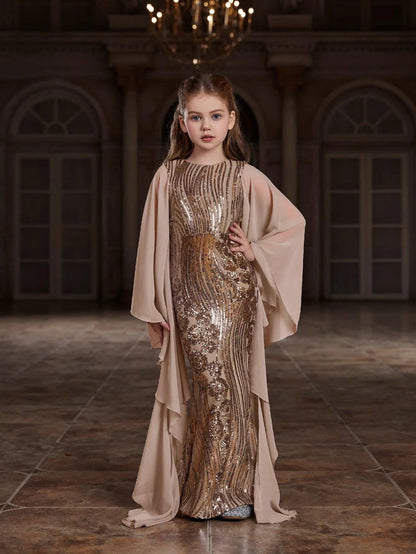 Tween Girls' Round Neck Sequin Long-Sleeve Mermaid Formal Gown — authorized product image 1
