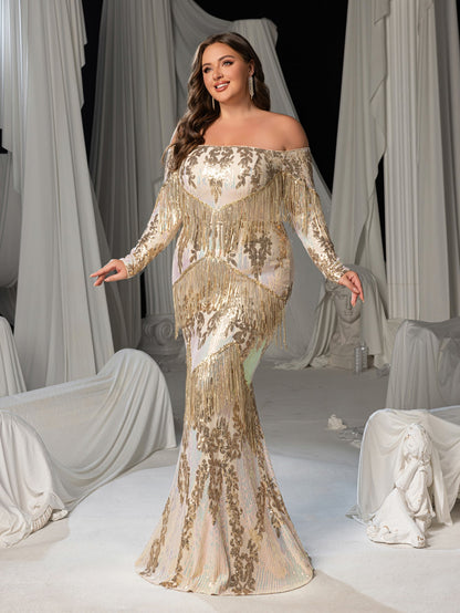 Plus Gorgeous Fringed Trim Off-Shoulder Mermaid Hem Sequin Formal Dress Evening Gown – view 7