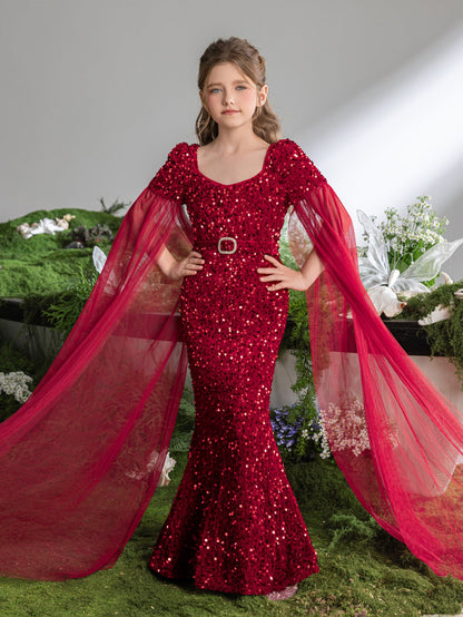 Cloak-Sleeve Belted Sweetheart-Neck Sequin Mermaid Tween Girls' Party Dress in Red