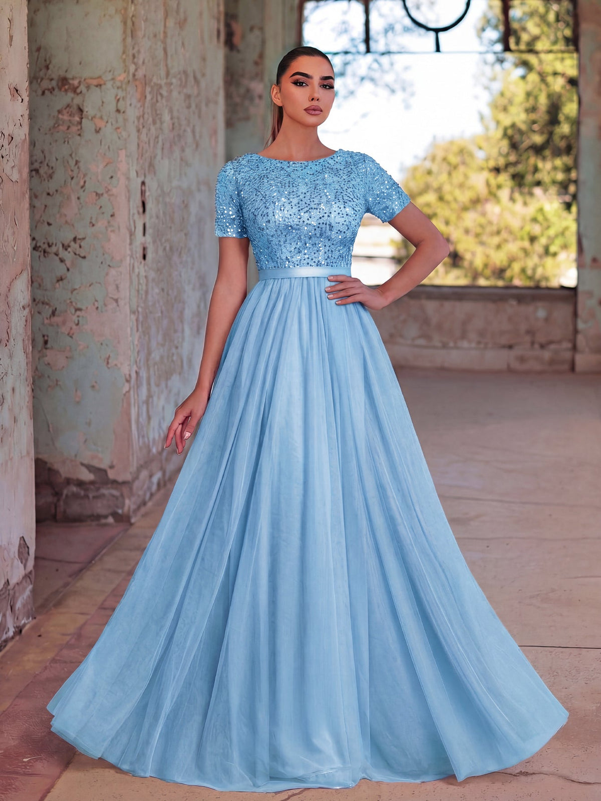 Alternate view of Tulle Skirt Boat-Neck Sequin A-Line Short-Sleeve Evening Gown in Light Blue