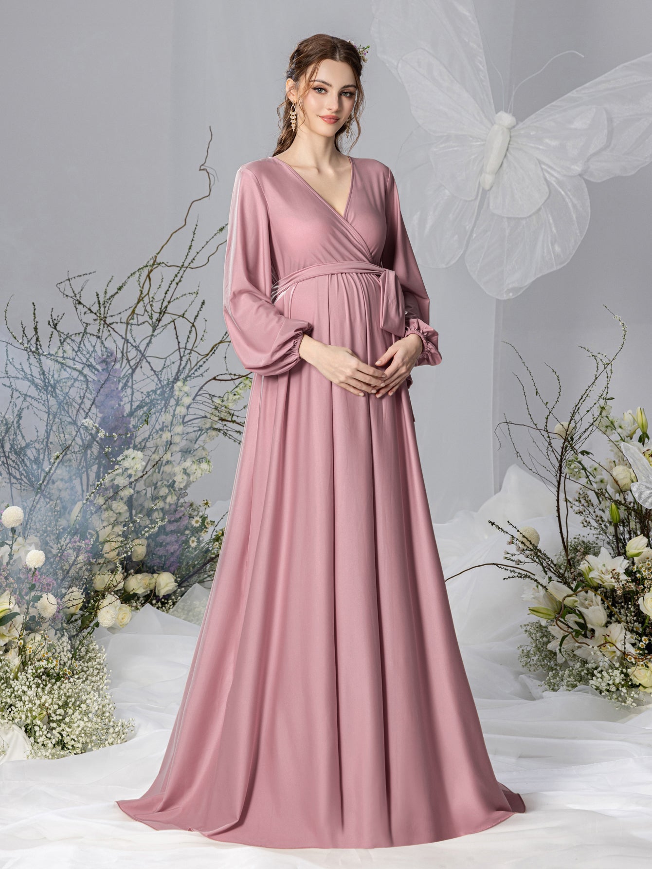 Maternity V-Neck Bow Long-Sleeve A-Line Evening Gown — authorized product image 11
