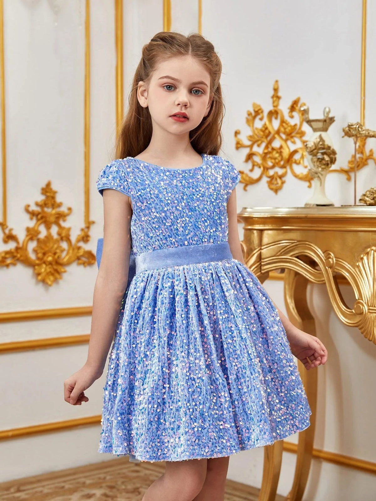 Additional product view of Bow-Back Sequin A-Line Short-Sleeve Midi Tween Girls' Party Dress