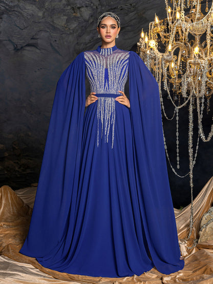 Elegant Chiffon Evening Gown with Beaded Sequin Embroidery Vertical Stripes, Cape-Style Sleeves, Flowy Skirt and Waist Belt Accent – view 3