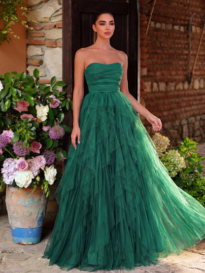 Elegant Strapless Mesh Overlay Formal Party Dress