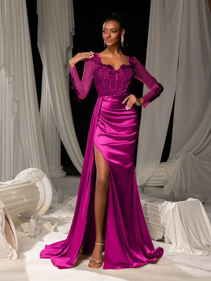 Sequin Bodice Sheer Sleeve Mermaid Hem Satin Evening Dress in Hot Pink