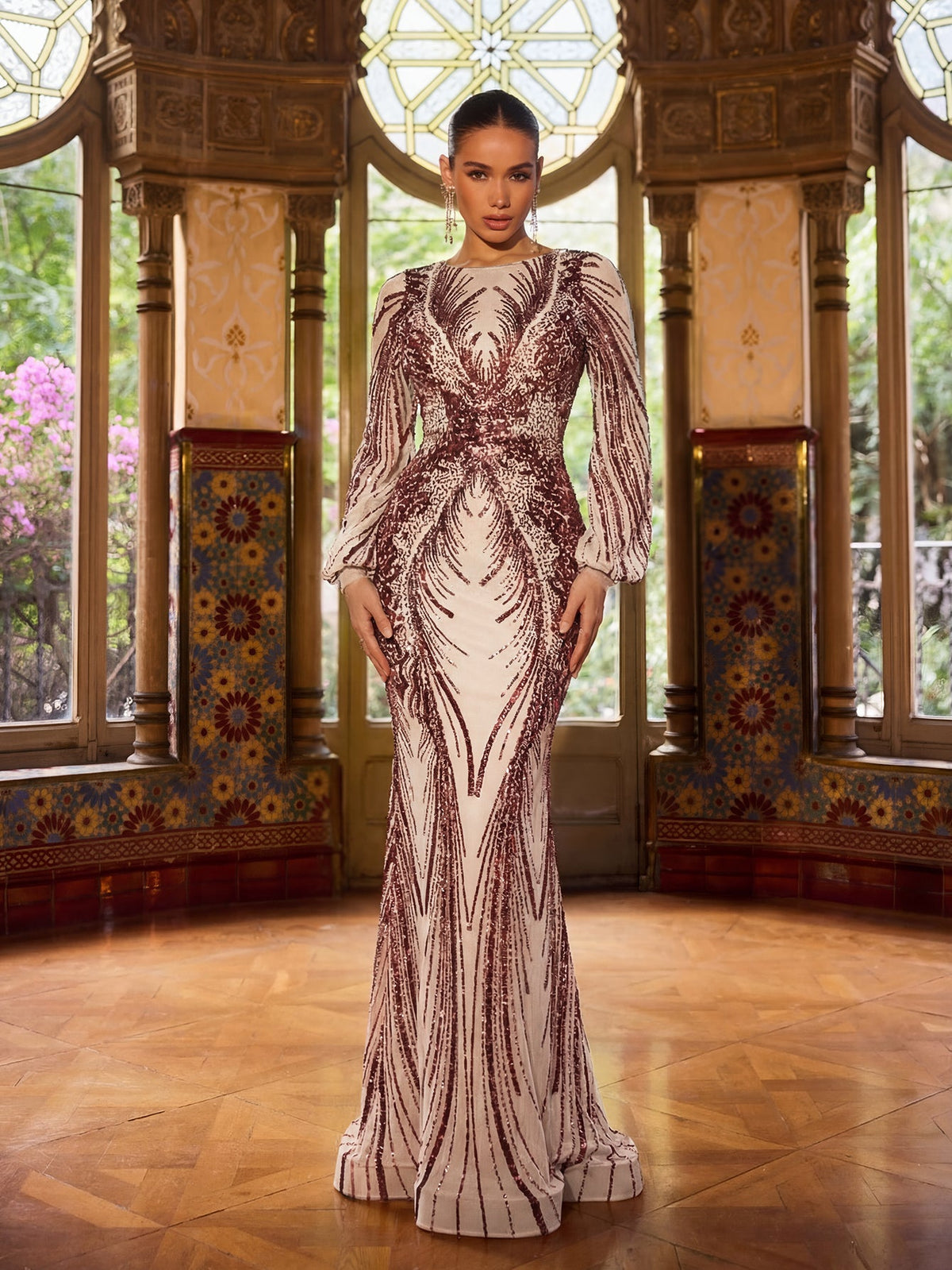Gorgeous Lantern Sleeves Mermaid Hem Graphic Sequin Evening Dress