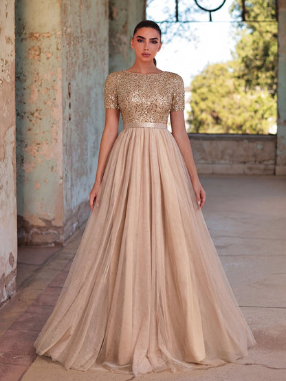 Tulle Skirt Boat-Neck Sequin A-Line Short-Sleeve Evening Gown in Khaki