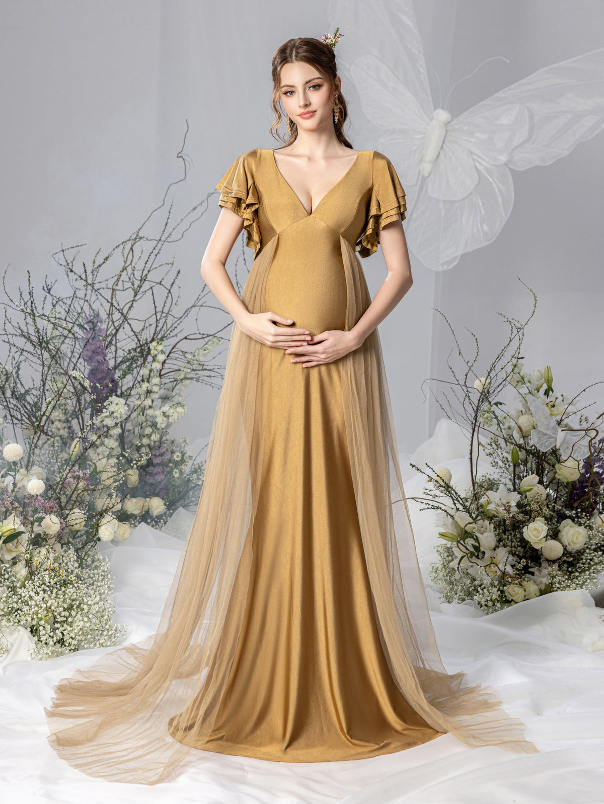 Maternity V-Neck Ruffle-Sleeve Mermaid Evening Dress - product image 1