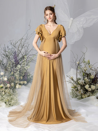 Maternity V-Neck Ruffle-Sleeve Mermaid Evening Dress - product image 1