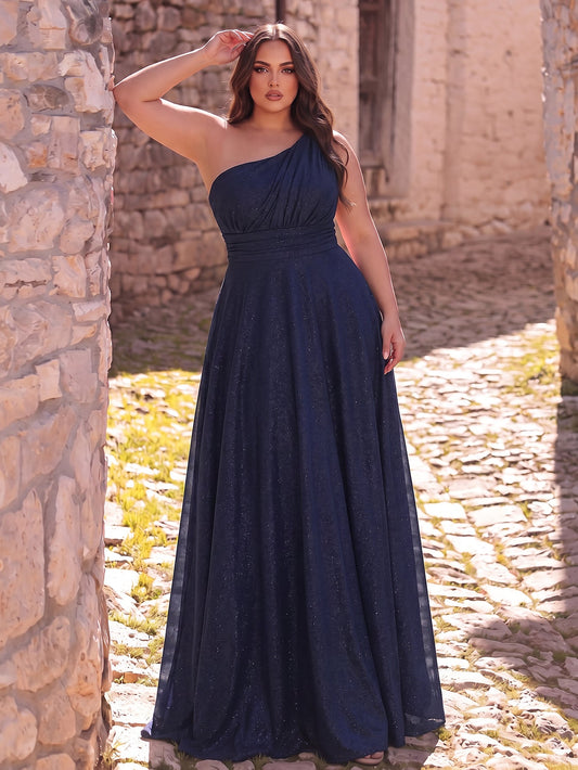 Backless Plus-Size One-Shoulder Chiffon A-Line Evening Gown in Navy blue