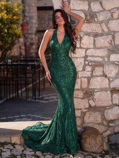 Halter Neck Backless Sequin Mermaid Dresses