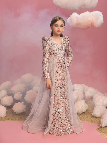 Additional product view of Mesh Overlay V-Neck Sequin Mermaid Long-Sleeve Tween Girls' Party Dress