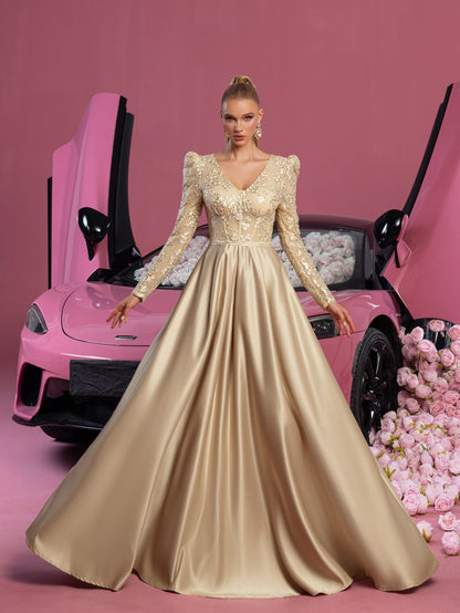 Elegant V Neck Lace Bodice Satin A-line Prom Dress