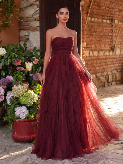 Elegant Strapless Mesh Overlay Formal Party Dress