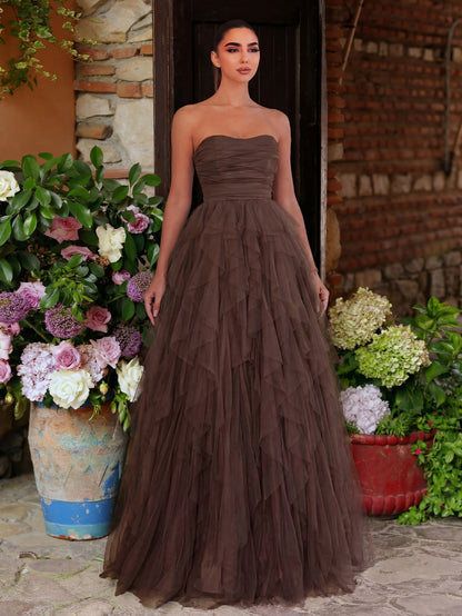 Elegant Strapless Mesh Overlay Formal Party Dress