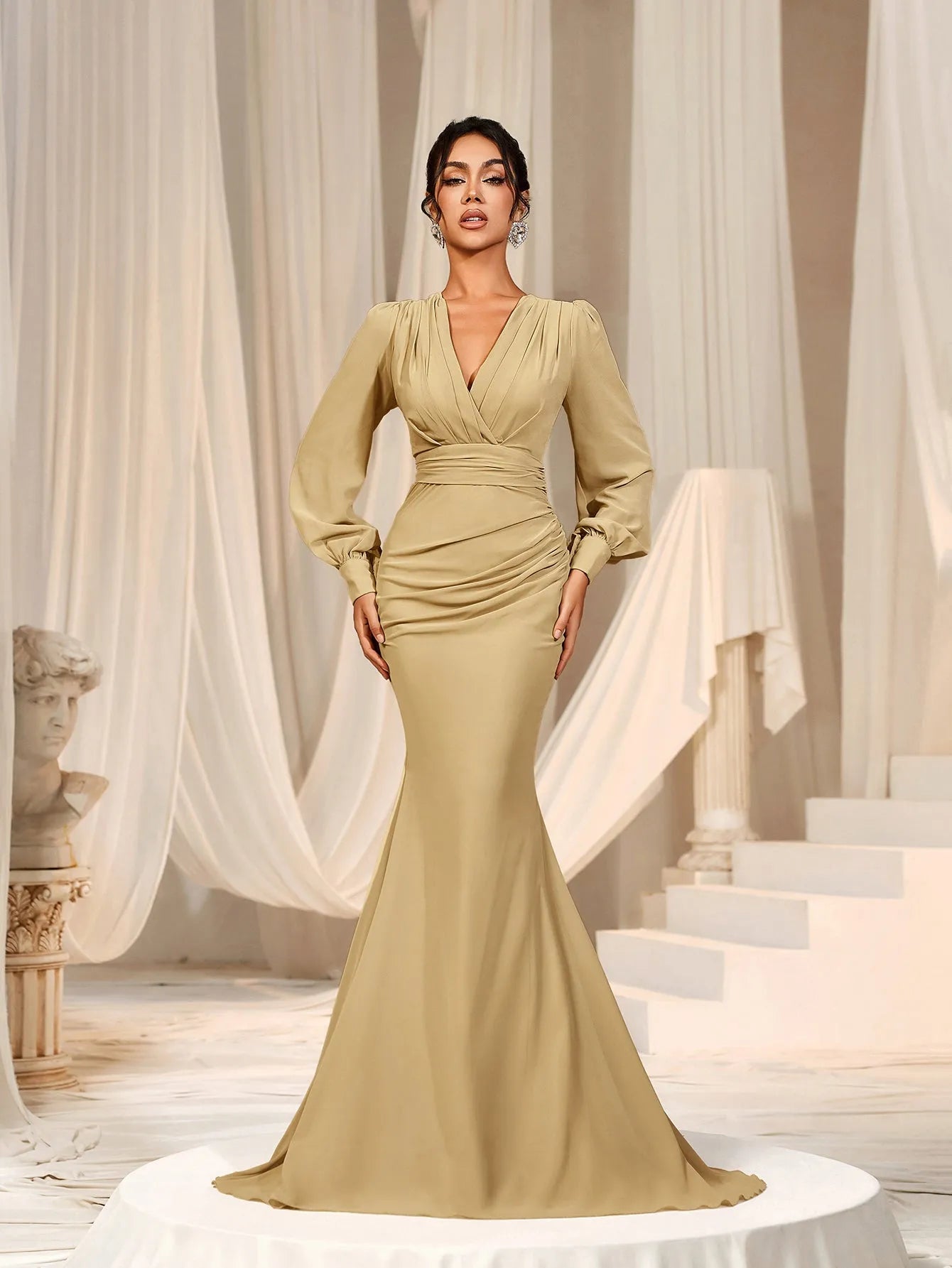 Alternate view of Surplice-Neck V-Neck Chiffon Mermaid Long-Sleeve Evening Gown in Nude