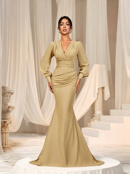 Alternate view of Surplice-Neck V-Neck Chiffon Mermaid Long-Sleeve Evening Gown in Nude