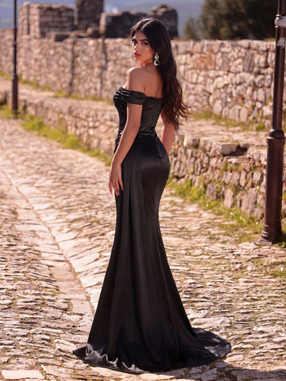 Elegant Satin Off-Shoulder Mermaid Gown | Sculpted Ruching & High Thigh Slit – view 2