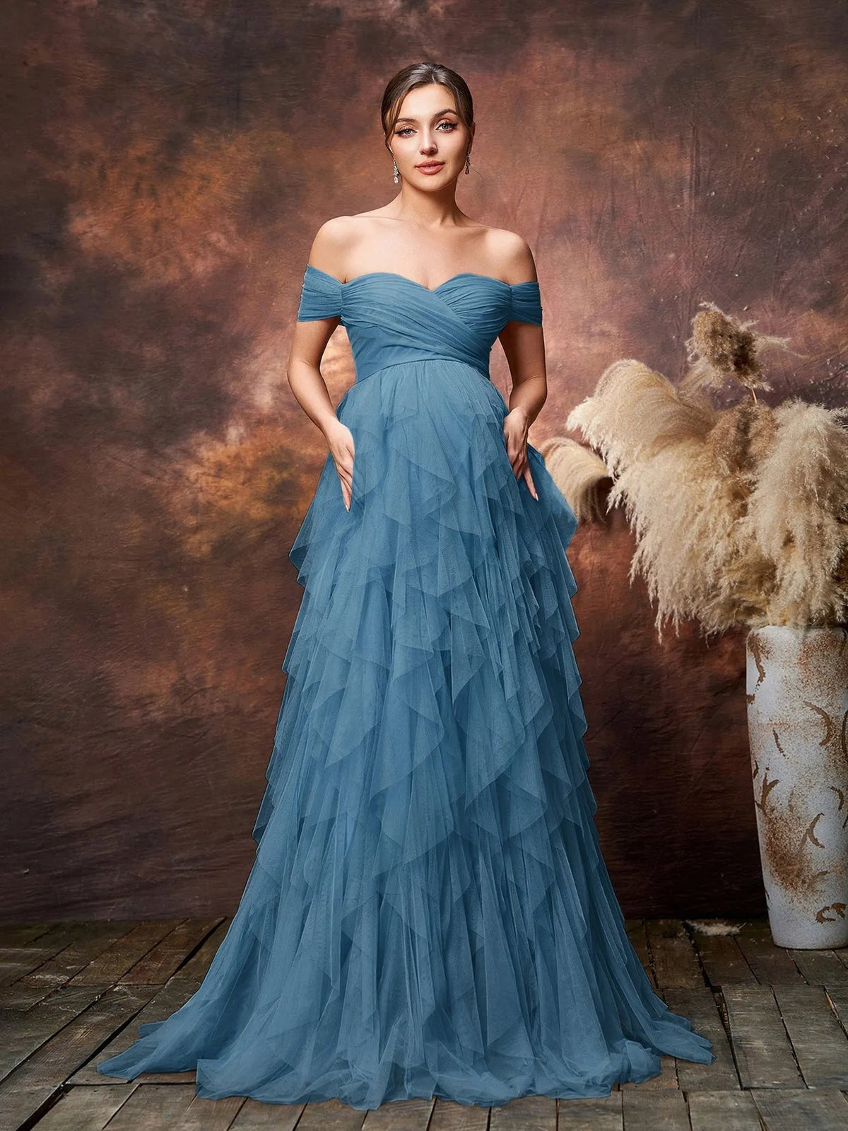 Maternity Off-Shoulder Tulle Short-Sleeve A-Line Evening Gown — authorized product image 13