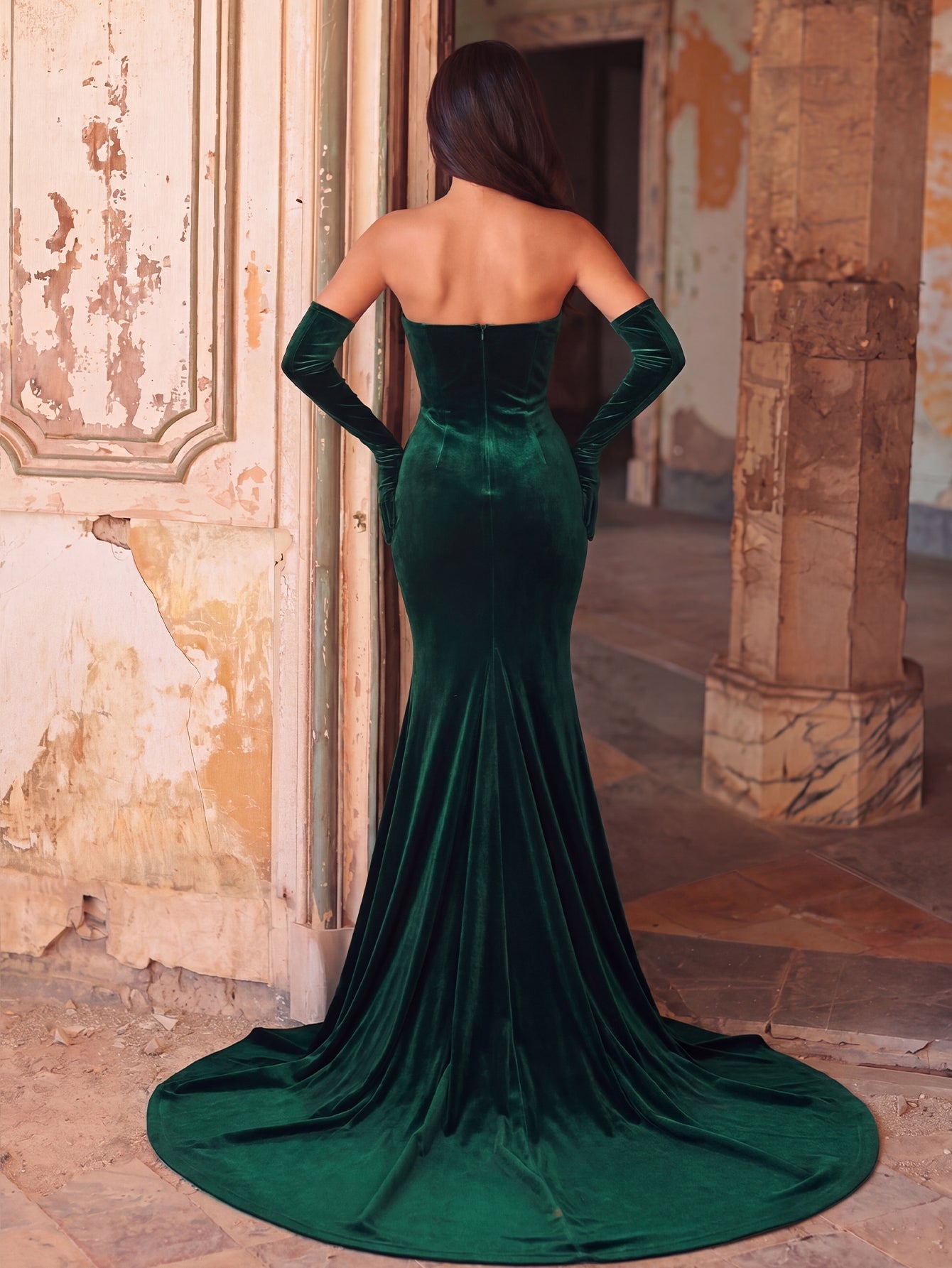Additional product view of Ruched Wrap Gloves Included Strapless Velvet High-Slit Evening Gown