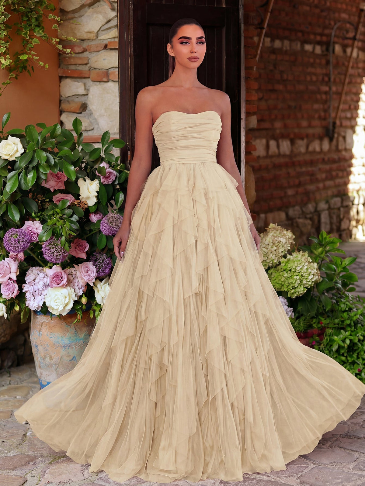 Elegant Strapless Mesh Overlay Formal Party Dress