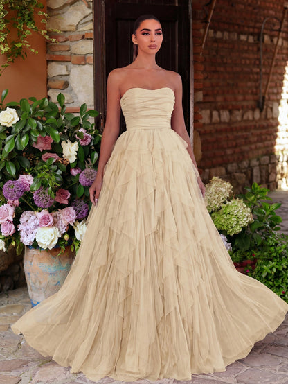 Elegant Strapless Mesh Overlay Formal Party Dress