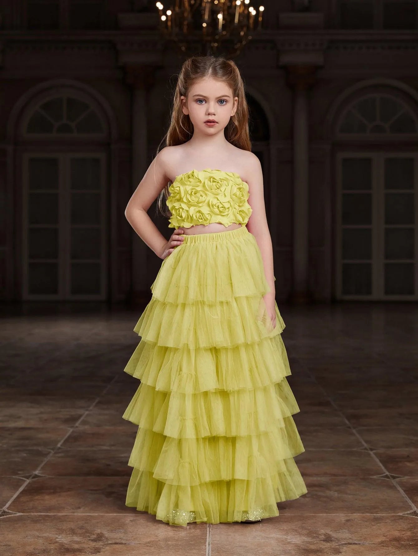 Additional product view of Strapless Mesh 3D-Flower A-Line Sleeveless Girls' Two-Piece Formal Set