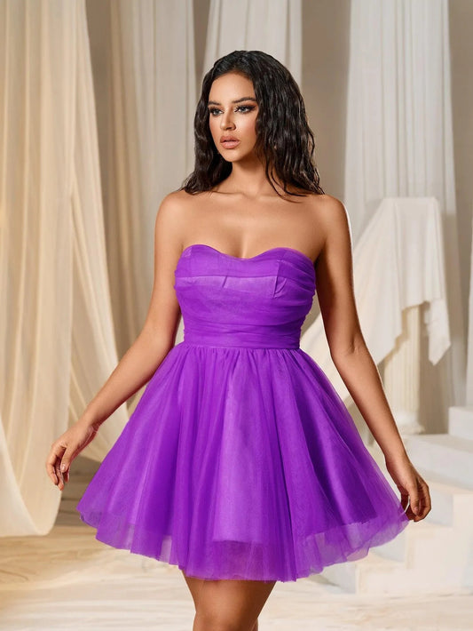 Strapless Mesh Sleeveless Mini Party Dress in Purple
