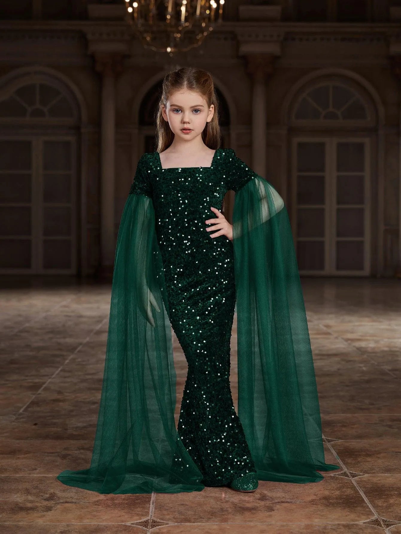 Alternate view of Cloak-Sleeve Square-Neck Sequin Mermaid Maxi Tween Girls' Party Dress in Dark Green