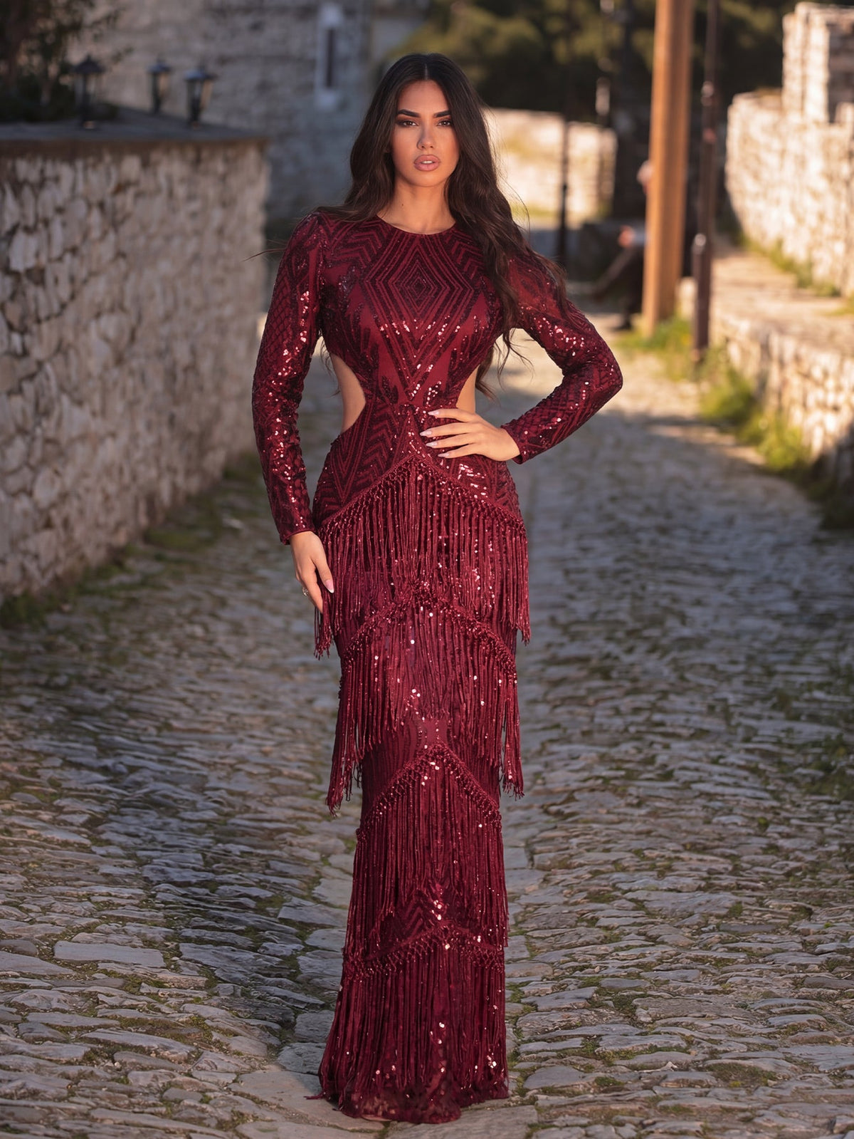 Gorgeous Cut Out Waist Fringed Sequin Party Dress