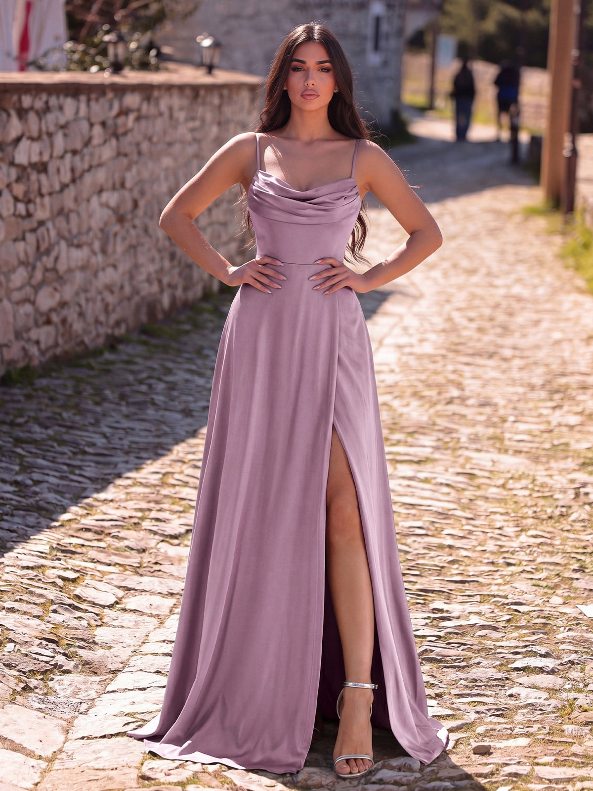 Additional view of Cowl Neck High Slit Sleeveless A-Line Evening Gown