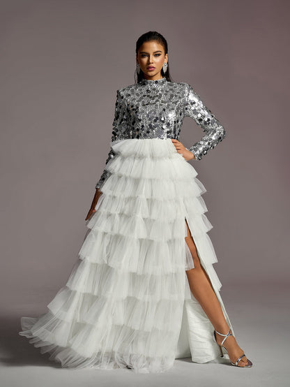Additional product view of Layered Hem Sequin Bodice Tulle Mock-Neck Long-Sleeve Wedding Dress