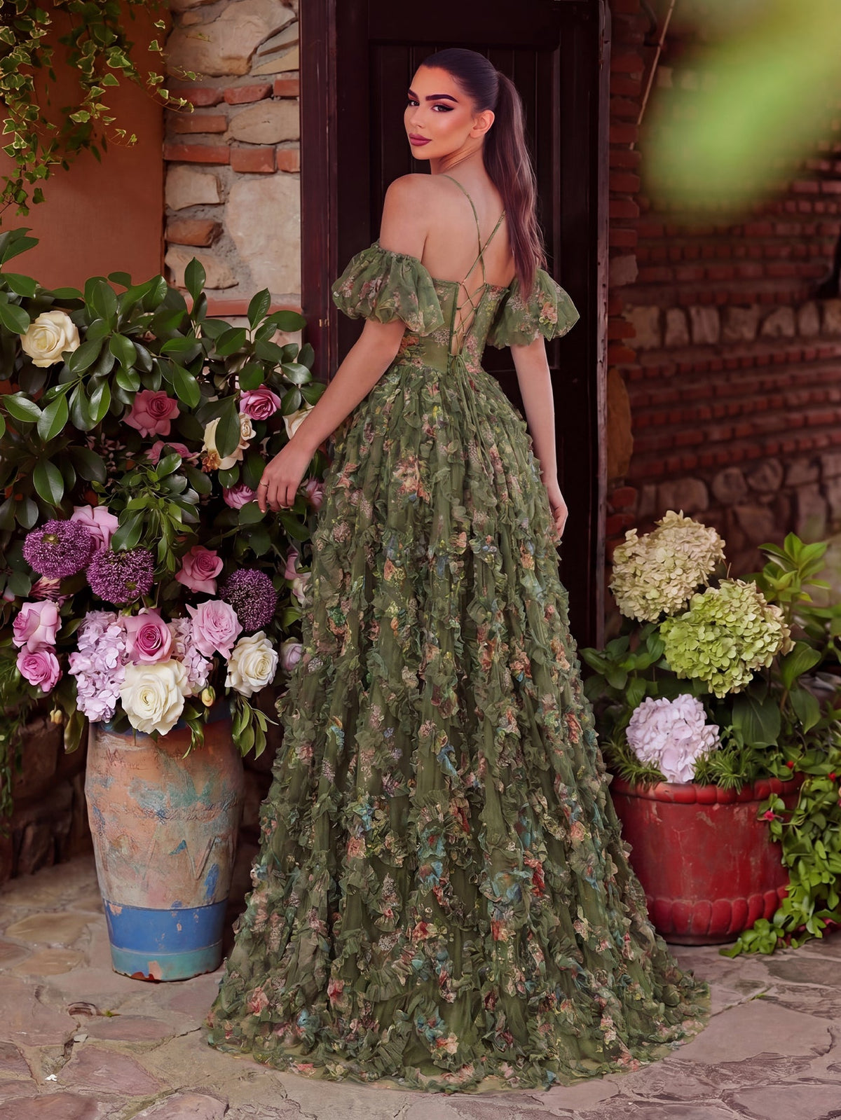 Floral Tulle Off Shoulder Cascading Ruffle Hem Slip Prom Dress
