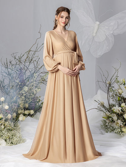 Maternity V-Neck Bow Long-Sleeve A-Line Evening Gown — authorized product image 5