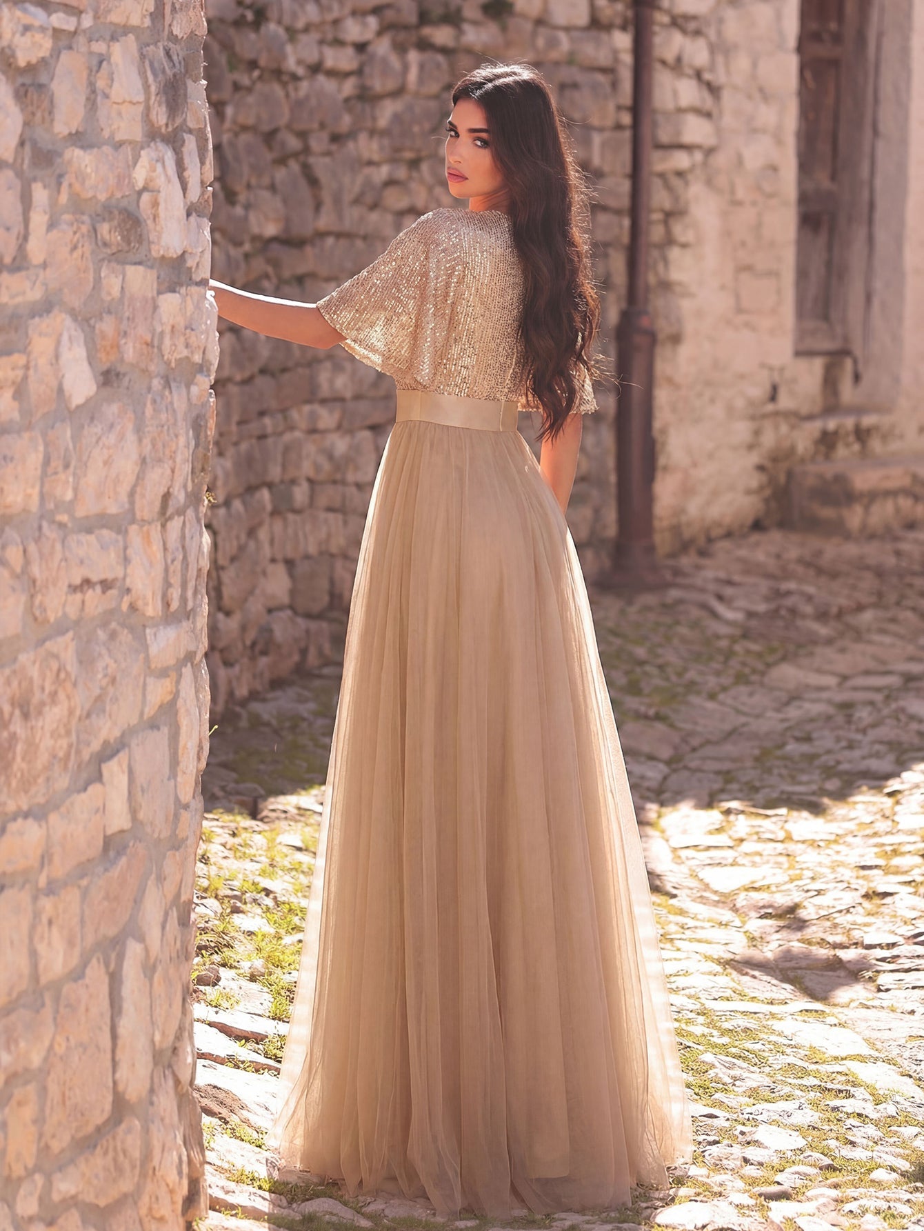 Additional product view of Surplice-Neck V-Neck Mesh Sequin A-Line Evening Gown