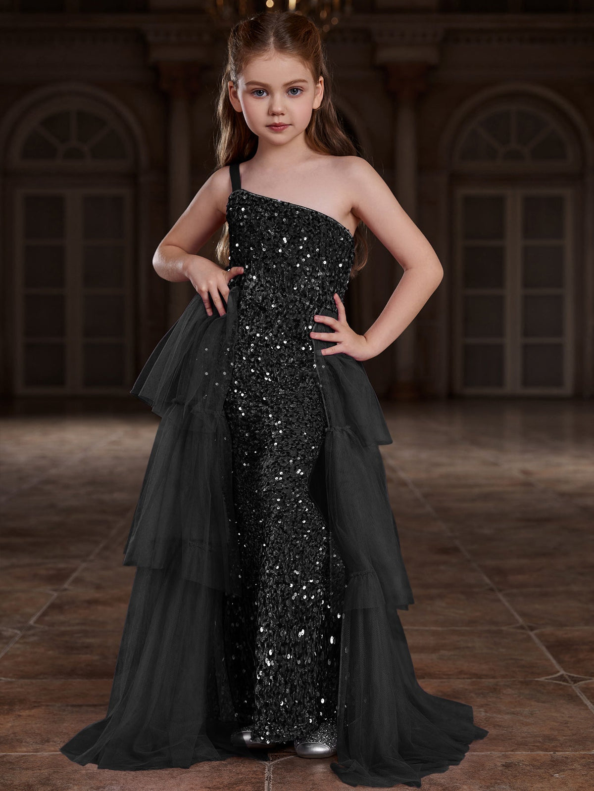 Tween Girls' One-Shoulder Sleeveless Contrast Mesh Sequin Dress — authorized product image 1
