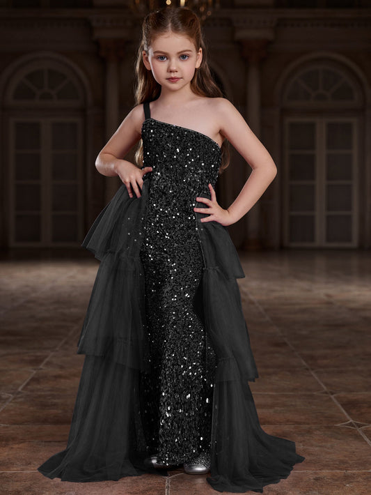 Tween Girls' One-Shoulder Sleeveless Contrast Mesh Sequin Dress — authorized product image 1