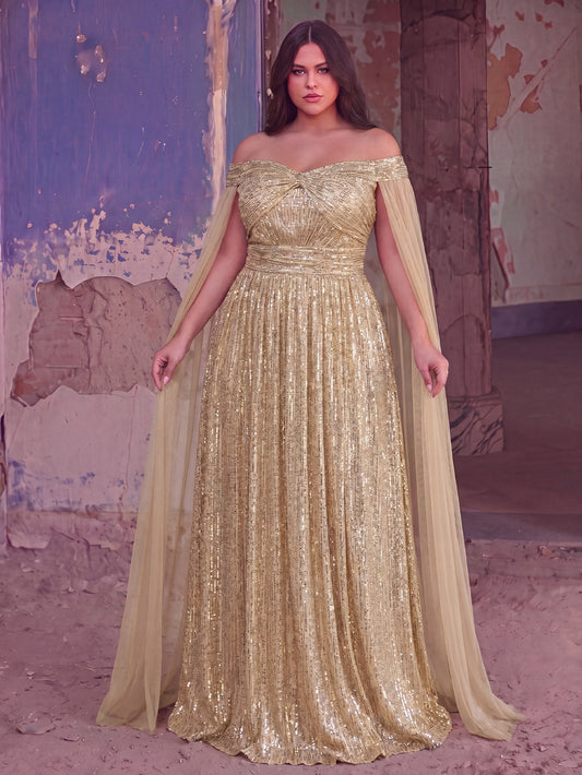Plus Off-Shoulder Sequined Gown with Flowing Cape – Luxury Evening Wear for Weddings or Red Carpet Events, 1XL-5XL