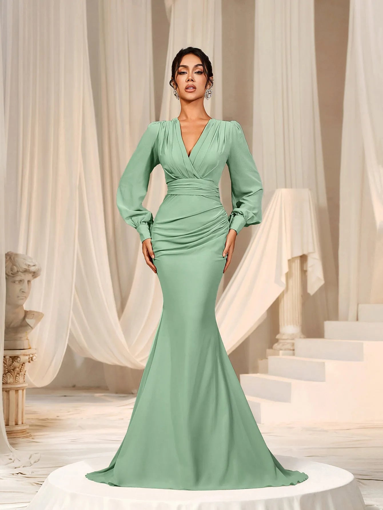 Alternate view of Surplice-Neck V-Neck Chiffon Mermaid Long-Sleeve Evening Gown in Green
