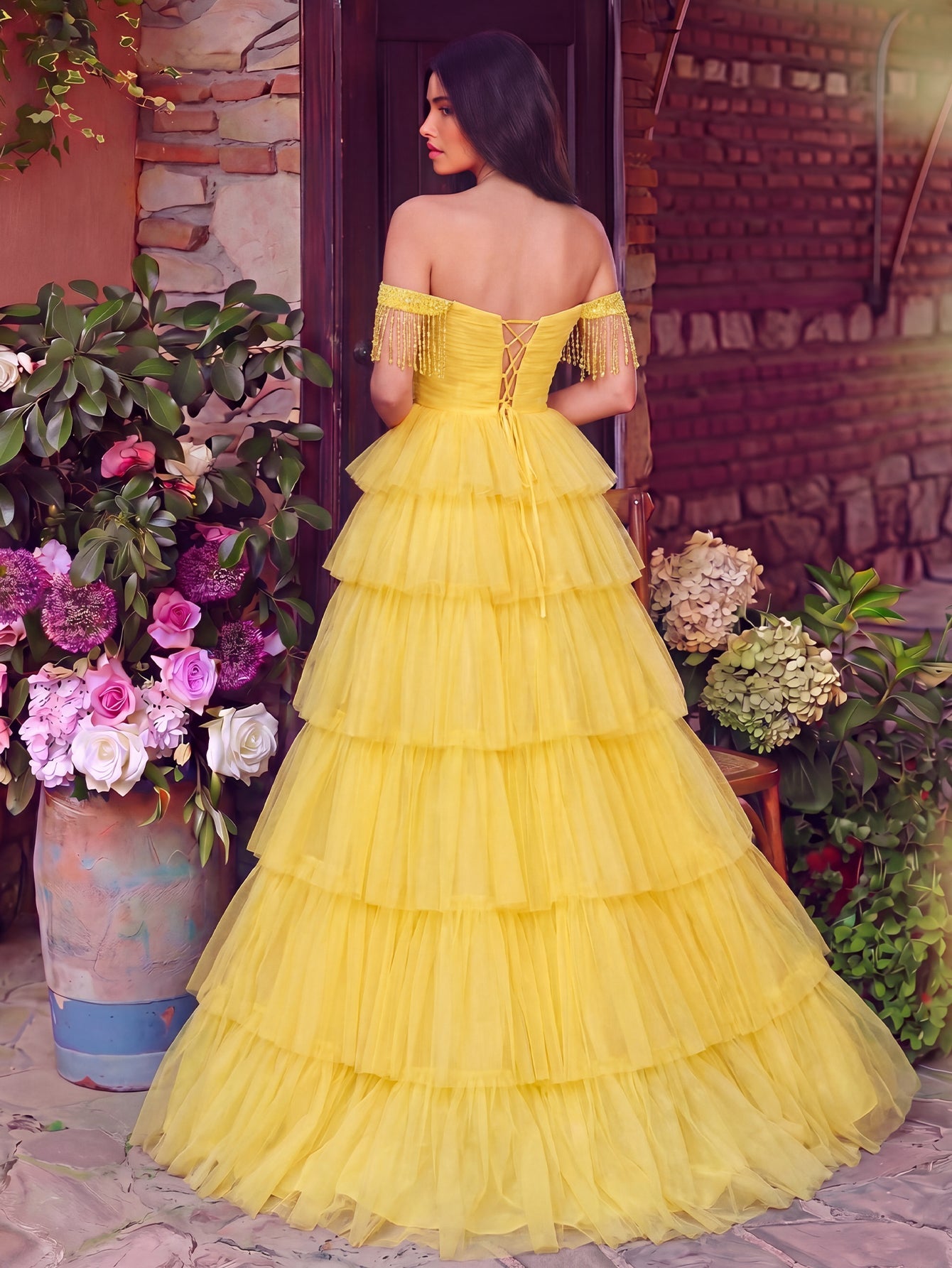 Fringed Detail Off-Shoulder Layered Hem Tulle Prom Dress — authorized product image 2