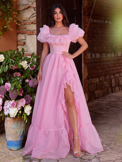 Ruffle Trim Puff-Sleeve Square-Neck Mesh High-Slit Evening Gown in Pink