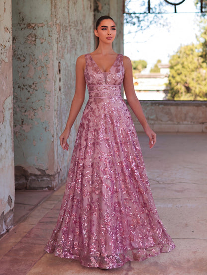 Plunging Neck Sleeveless Embroidered Sequin Dresses