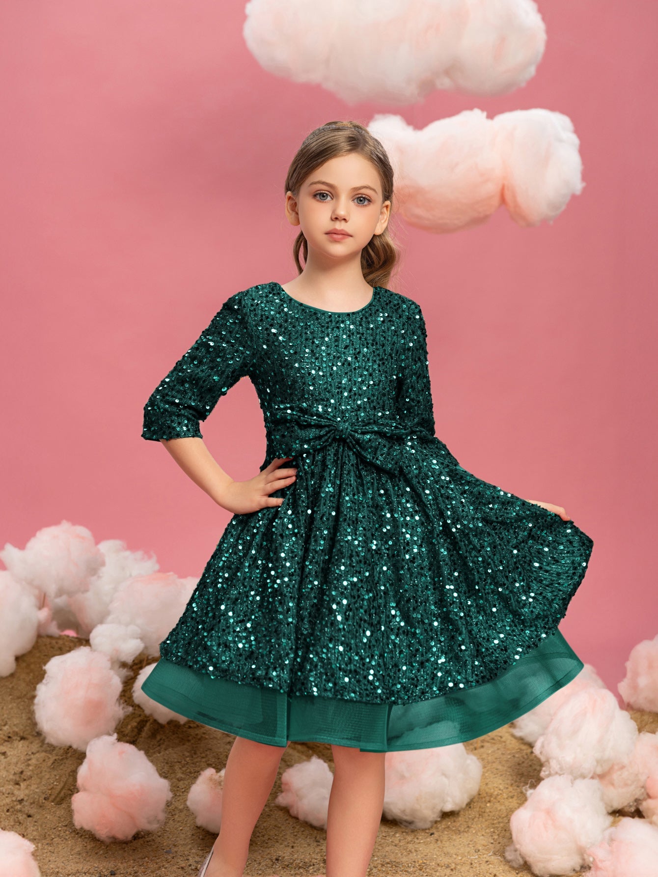 Three-Quarter-Sleeve Bow Detail Sequin A-Line Midi Tween Girls' Party Dress in Dark Green