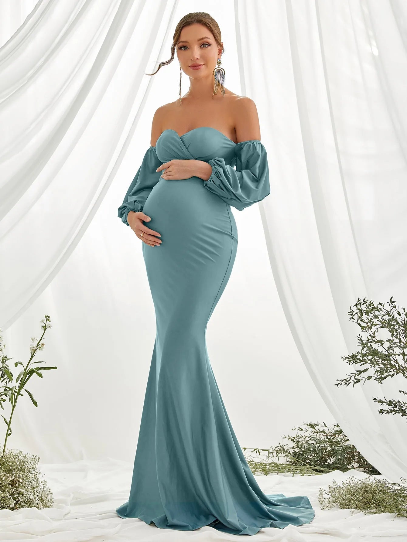 Additional product view of Off-Shoulder Knit Mermaid Long-Sleeve Maxi Maternity Evening Dress