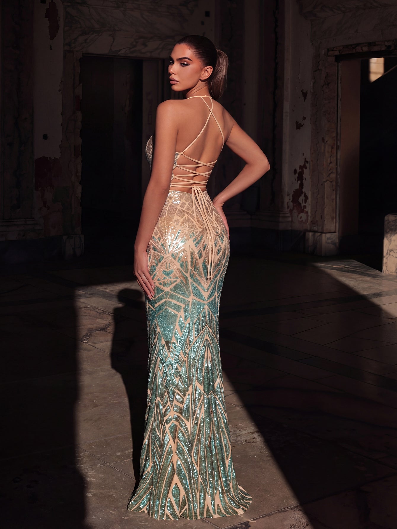 Tied Backless Split Thight Sequin Party Dress — authorized product image 2